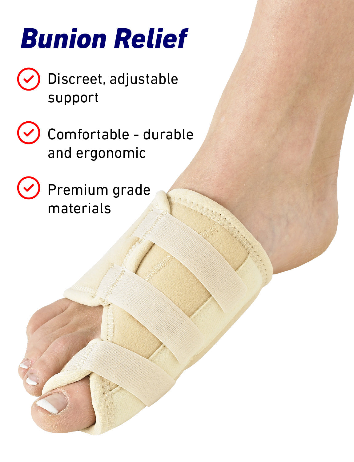 Right foot wearing Neo G Bunion - Hallux Valgus Soft Support with list of benefits including discreetness, comfortability, and premium grade