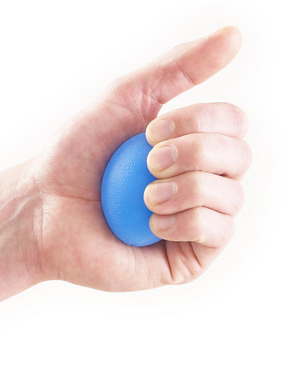 Hand holding blue Neo G Hand Rehabilitation Silicone Ball in fist