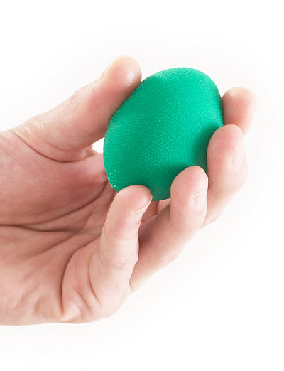 Hand holding green Neo G Hand Rehabilitation Silicone Ball with fingers