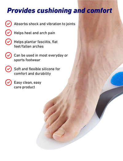 Foot standing on Neo G NeoThotics Silicone Full Length Insoles with list of benefits