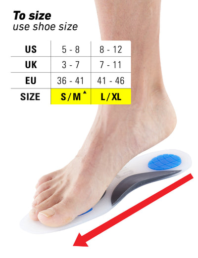 Foot standing on Neo G NeoThotics Silicone Full Length Insoles with size guide featuring small/medium and large/extra large