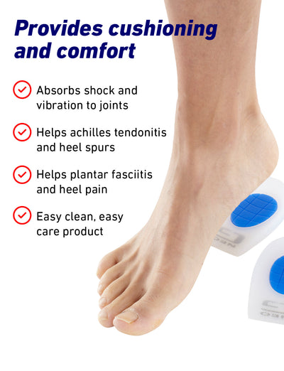 Foot above Neo G NeoThotics Silicone Heel Cushion with list of benefits