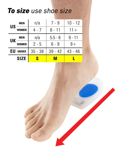 Foot above Neo G NeoThotics Silicone Heel Cushion with size guide featuring small, medium, and large