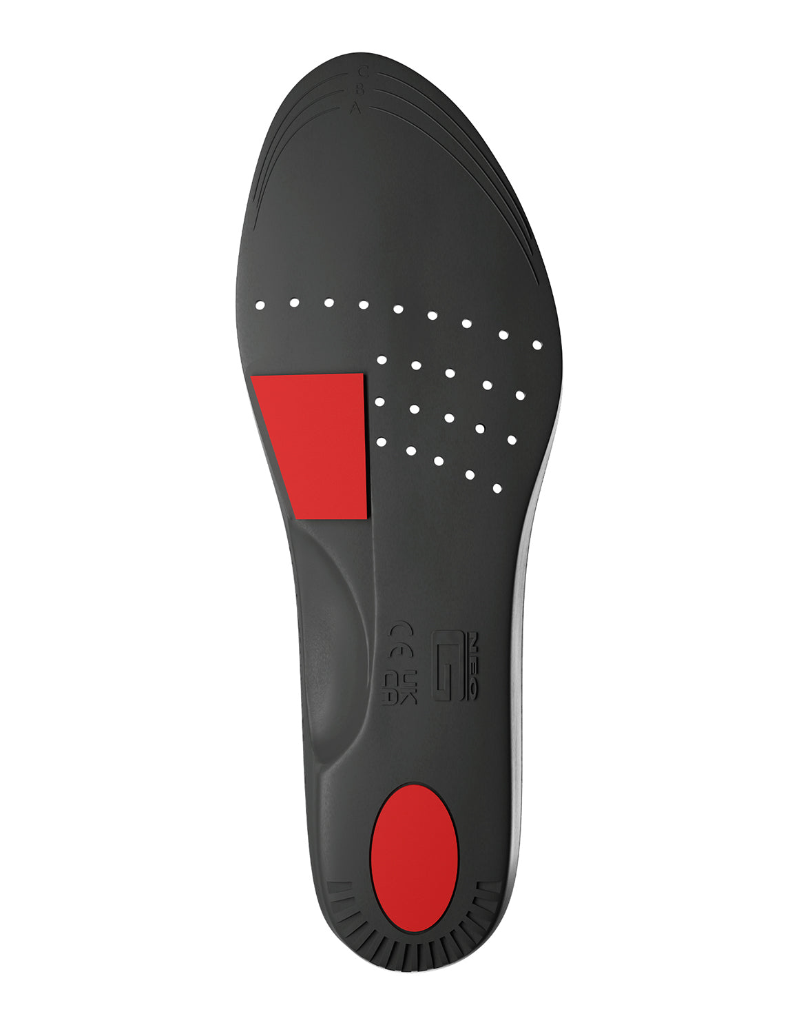 Neo G NeoThotics Pro-Expert Full Length Orthotic Insoles under side showing red dual density cushioning at the first metatarsal head and heel 