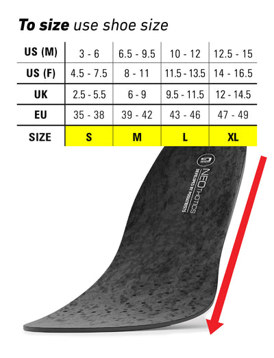 Neo G NeoThotics Pro-Expert Full Length Orthotic Insoles top side with size guide featuring small to extra large