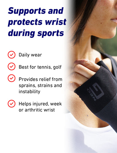 Woman wearing black Neo G Airflow Wrist & Thumb Support on right hand with list of benefits for support during sports