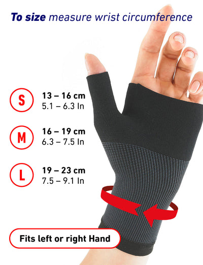 Hand wearing black Neo G Airflow Wrist & Thumb Support palm up with size guide featuring small, medium, and large