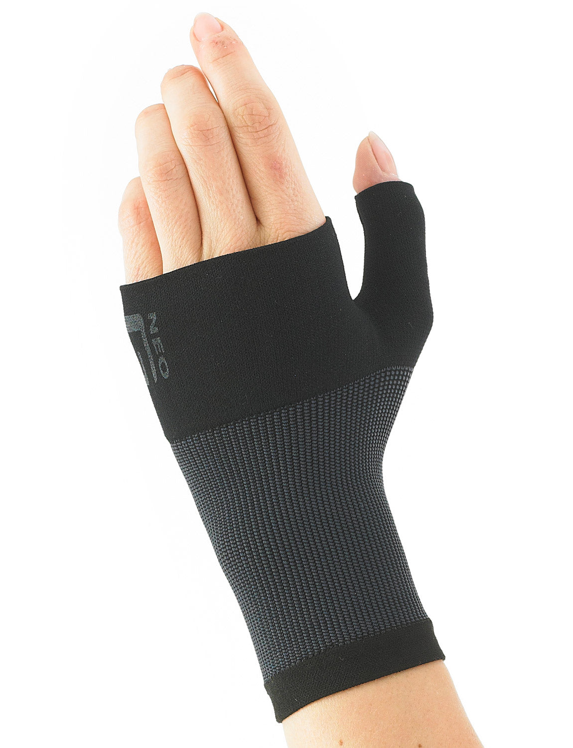 Hand wearing black Neo G Airflow Wrist & Thumb Support