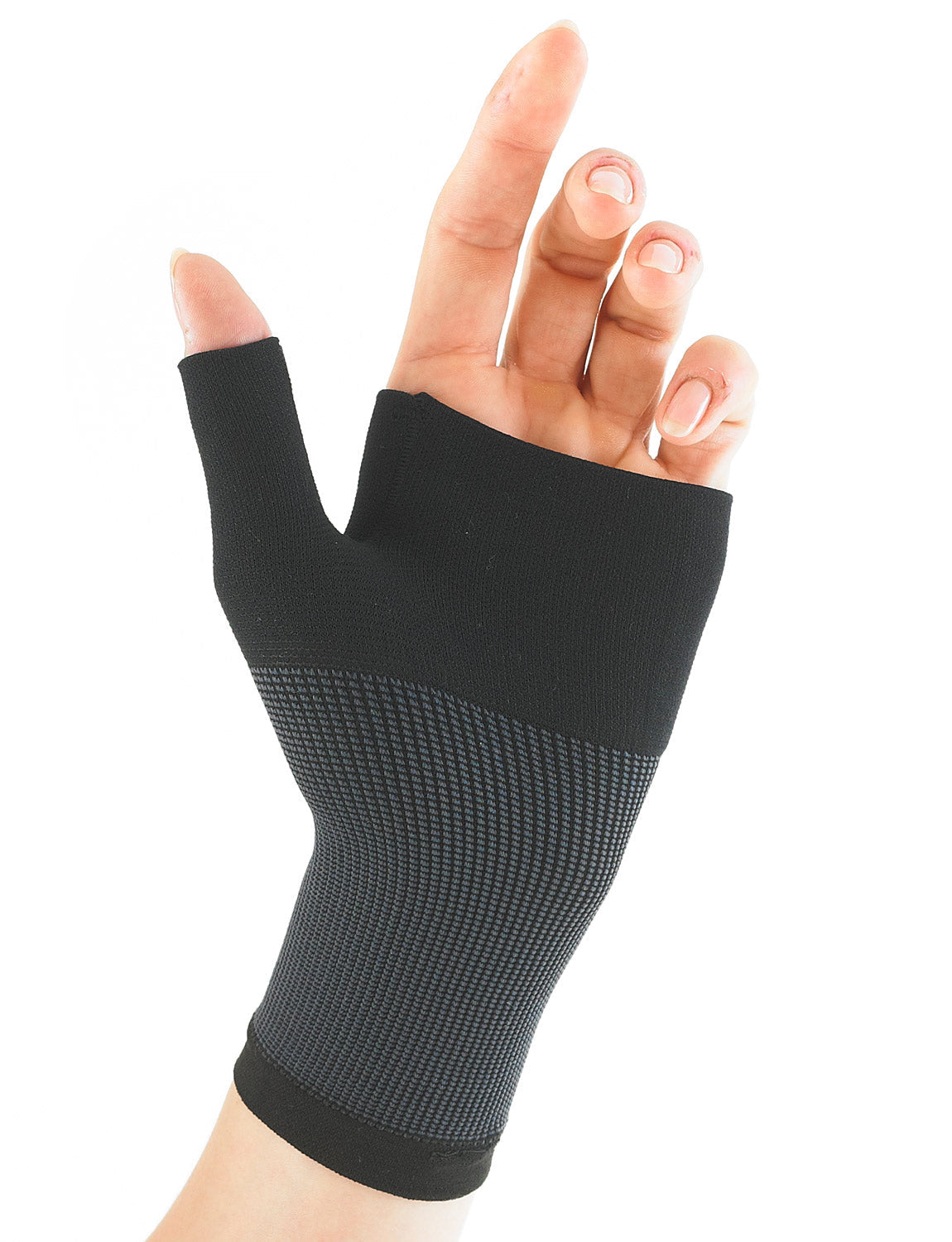 Hand wearing black Neo G Airflow Wrist & Thumb Support palm up