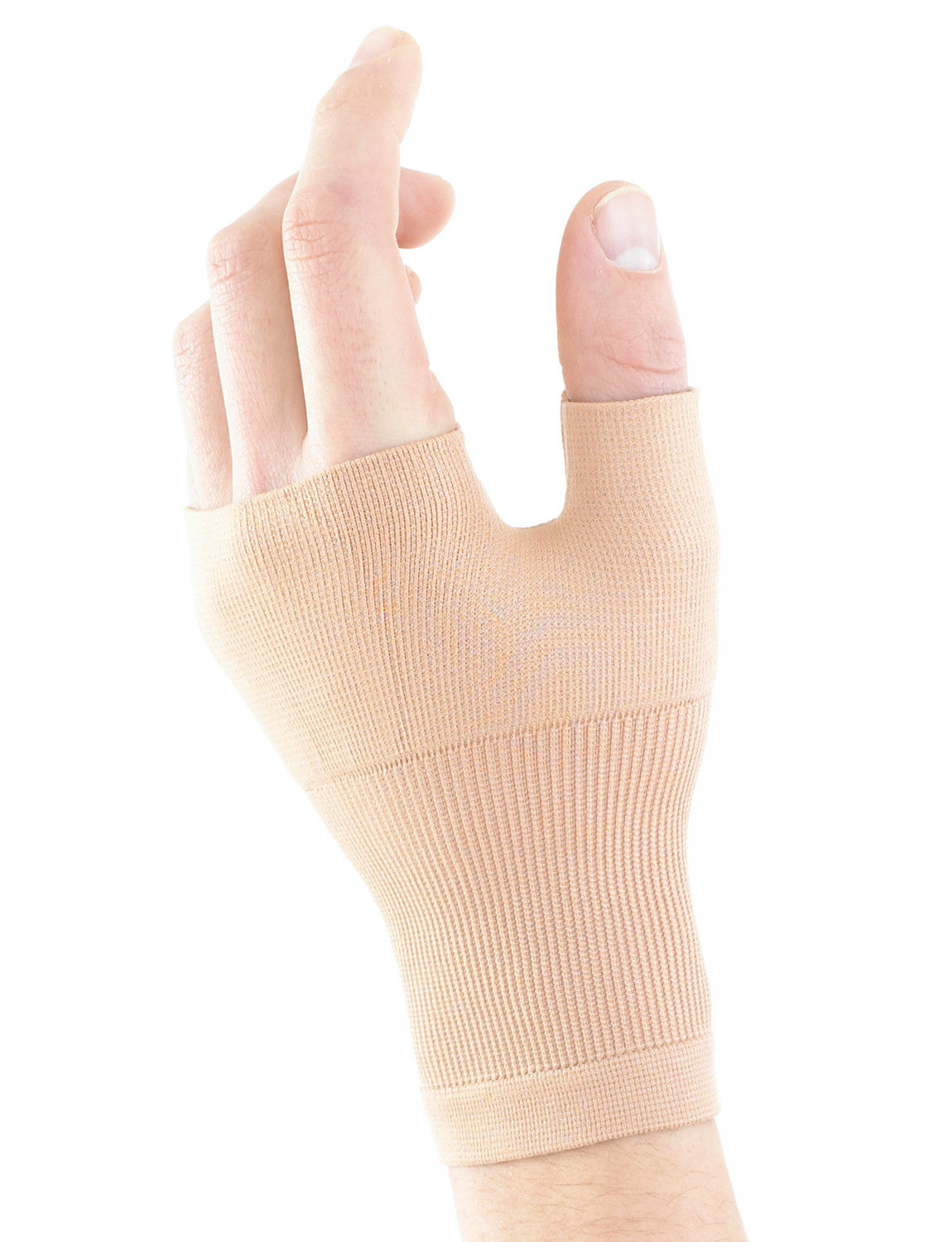 Hand wearing beige Neo G Airflow Wrist & Thumb Support palm down