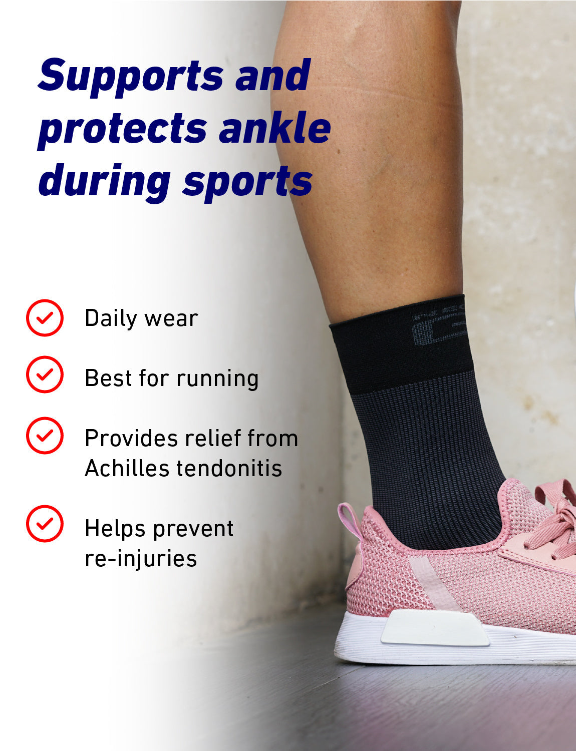 Neo G Airflow Ankle Support under a pink shoe with list of benefits