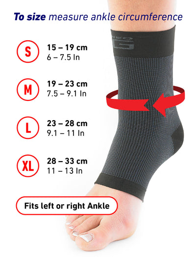 Foot wearing black Neo G Airflow Ankle Support with size guide featuring small to extra large