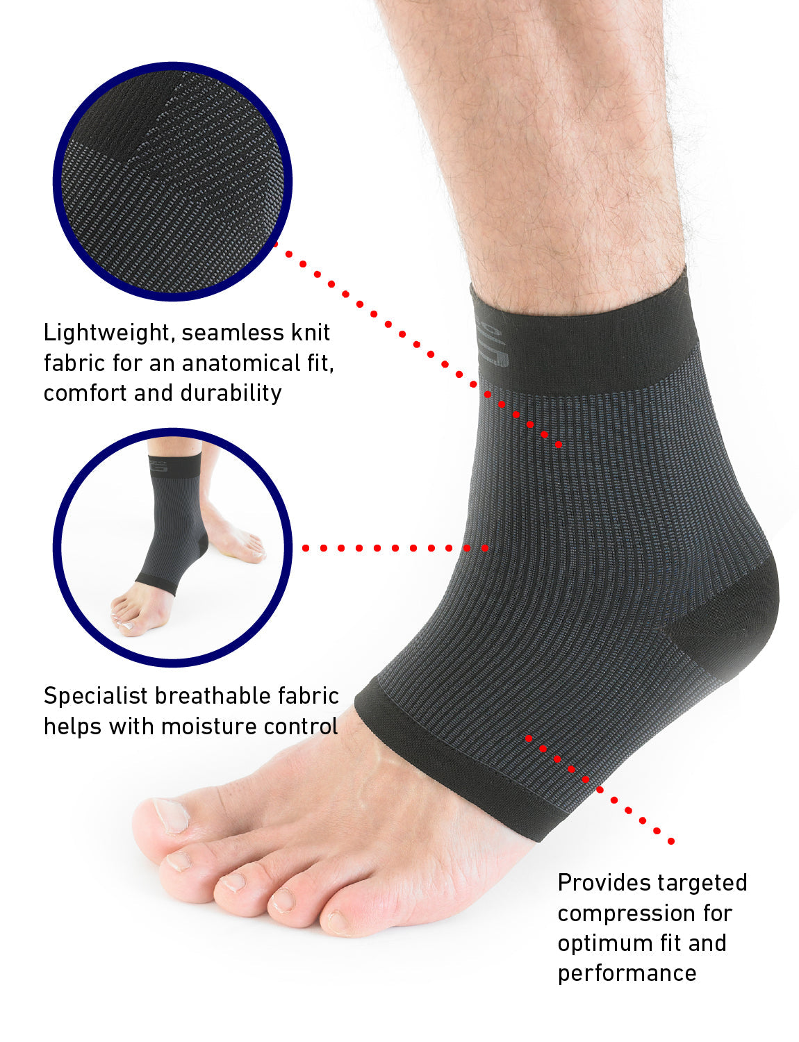 Foot wearing black Neo G Airflow Ankle Support highlighting lightweight, breathable fabric, and targeted compression