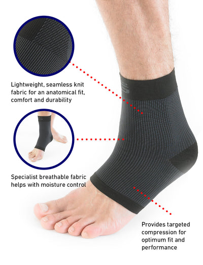 Foot wearing black Neo G Airflow Ankle Support highlighting lightweight, breathable fabric, and targeted compression