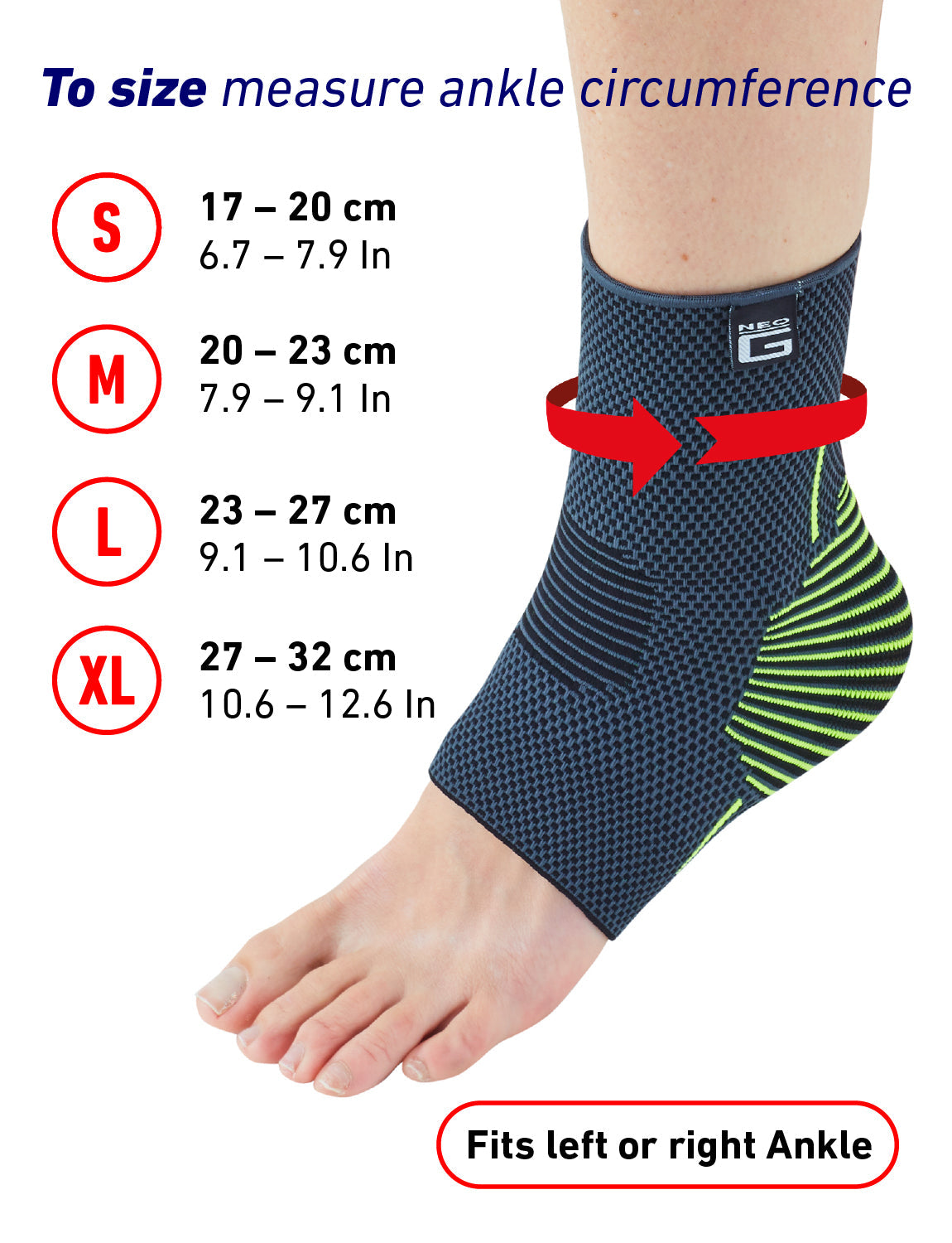 Foot wearing Neo G Active Ankle Support with size guide featuring small to extra large