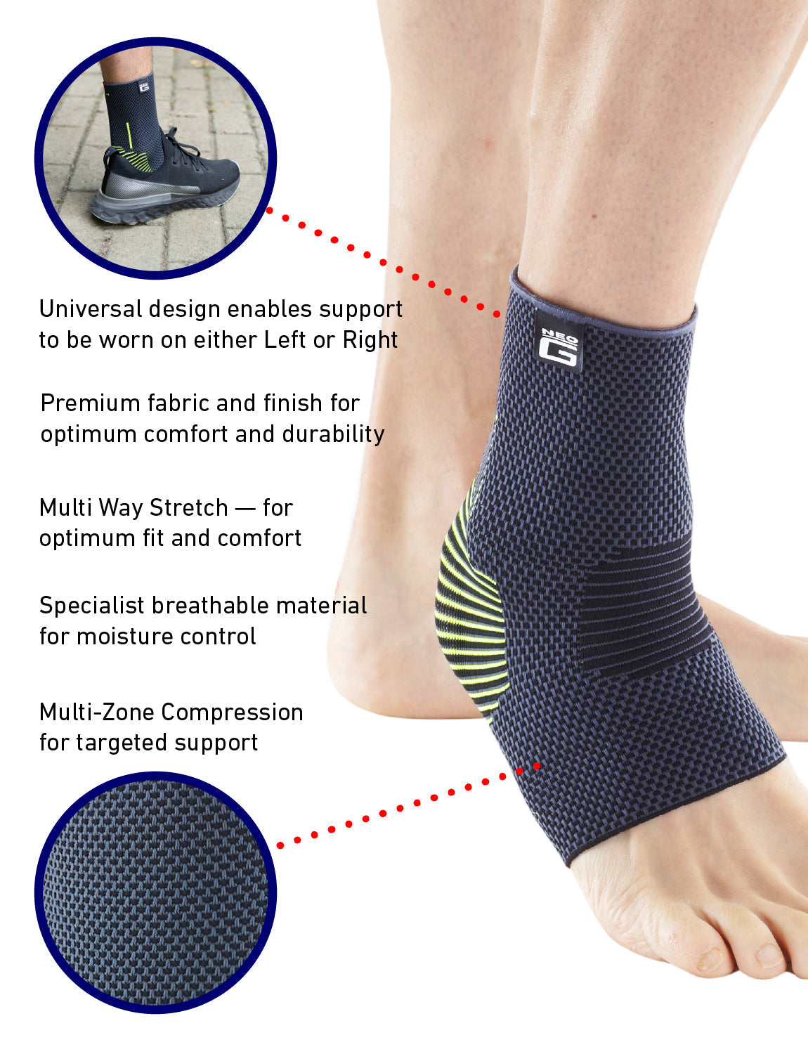 Foot wearing Neo G Active Ankle Support highlighting ambipedal design, premium fabric, multi-way stretch, breathable material, and multi-zone compression