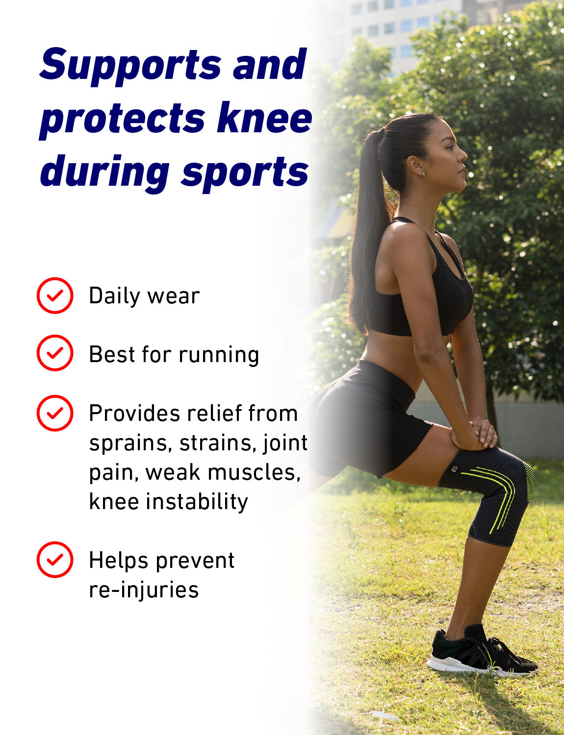 Woman wearing Neo G Active Knee Support stretching with list of benefits