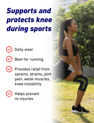 Woman wearing Neo G Active Knee Support stretching with list of benefits