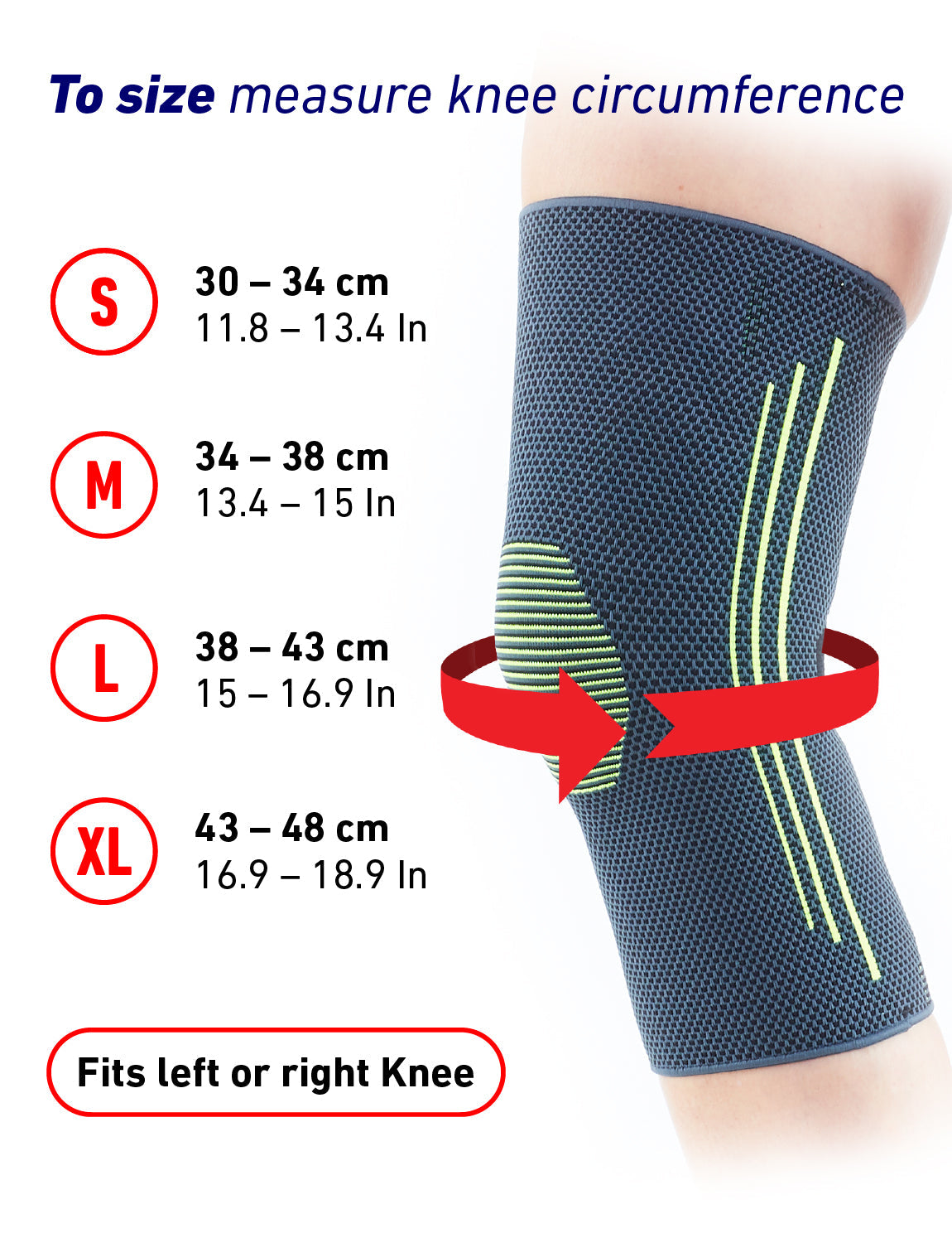 Leg wearing Neo G Active Knee Support with size guide featuring small to extra large