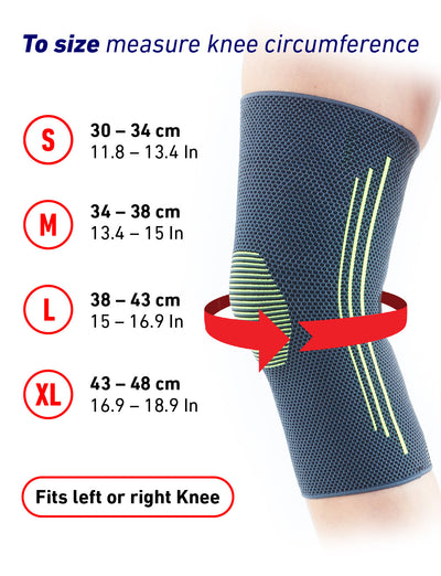Leg wearing Neo G Active Knee Support with size guide featuring small to extra large
