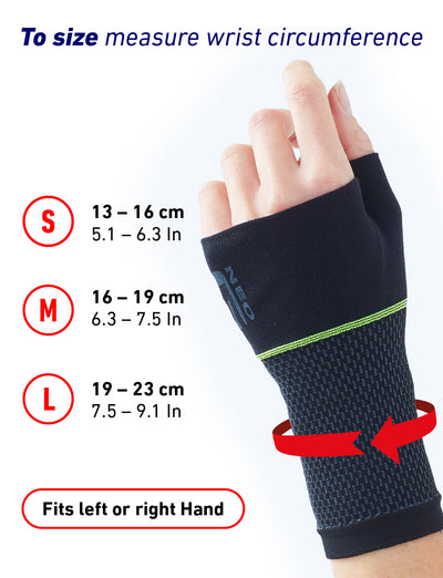 Hand wearing Neo G Active Wrist Support with size guide featuring small, medium, and large