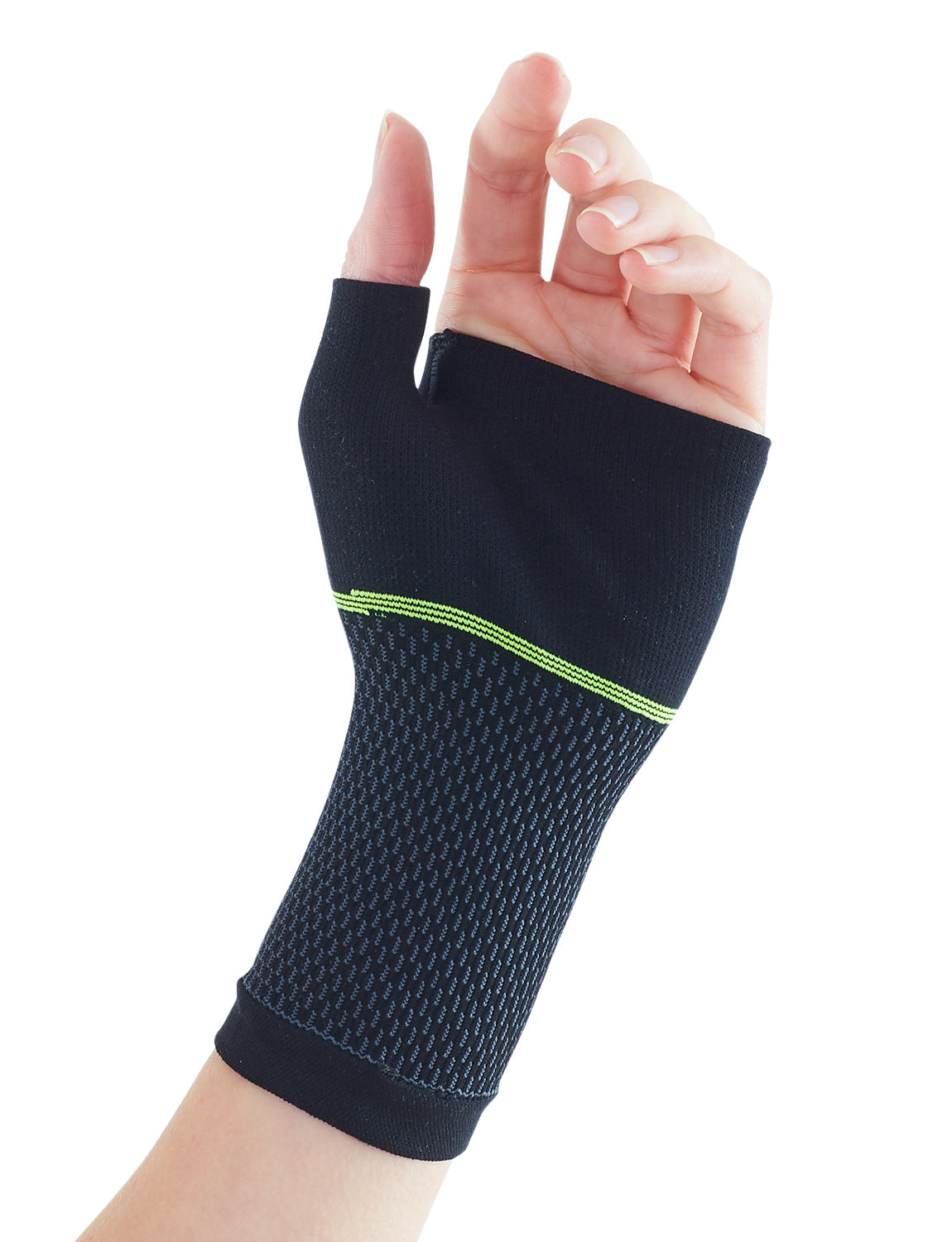 Hand wearing Neo G Active Wrist Support palm up showing breathable material