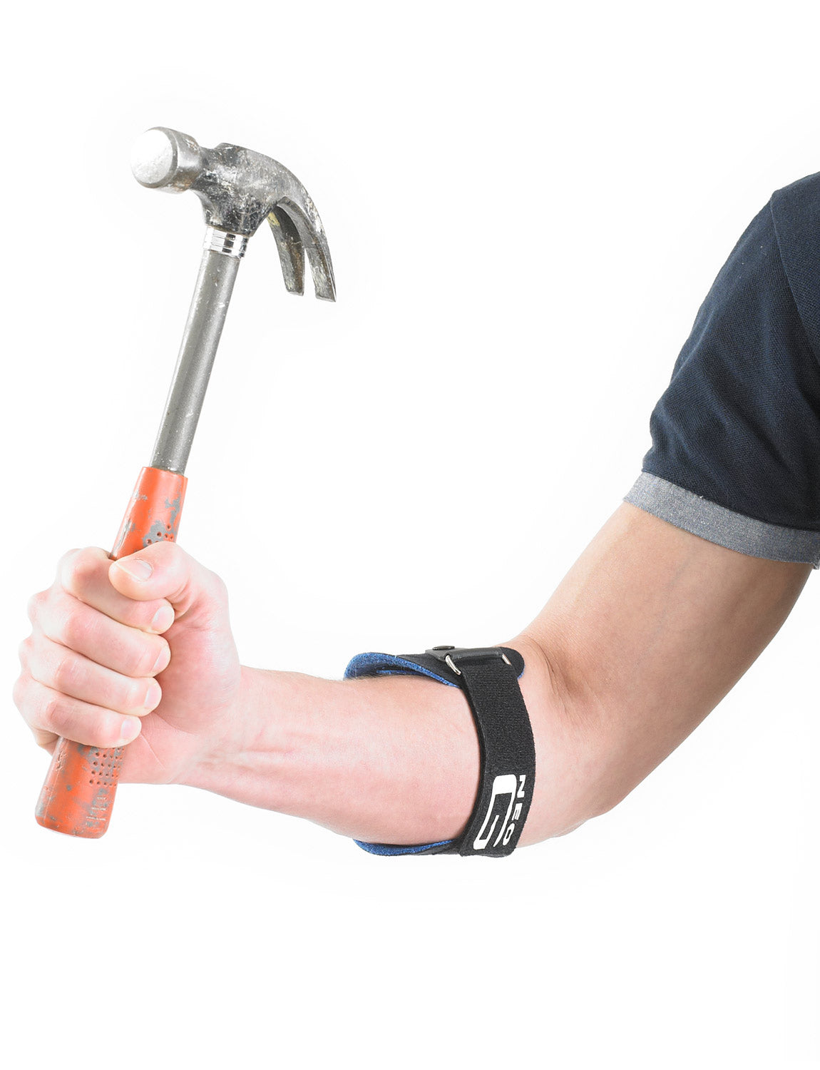 Arm wearing Neo G Tennis/Golf Elbow Clasp holding hammer