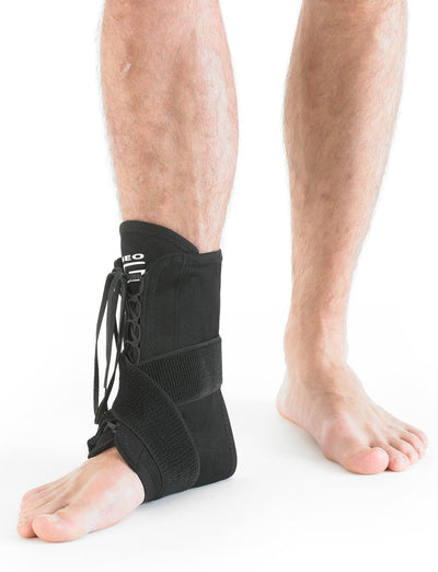 Leg wearing Neo G Laced Ankle Support showing adjustable lace