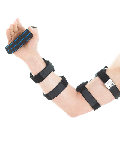 Arm wearing Neo G Post Operative Elbow Brace under side showing adjustable straps and cushioned resting hand grip