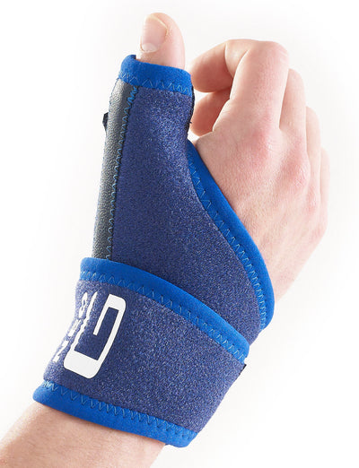 Hand wearing Neo G Thumb Brace highlighting malleable metal splint