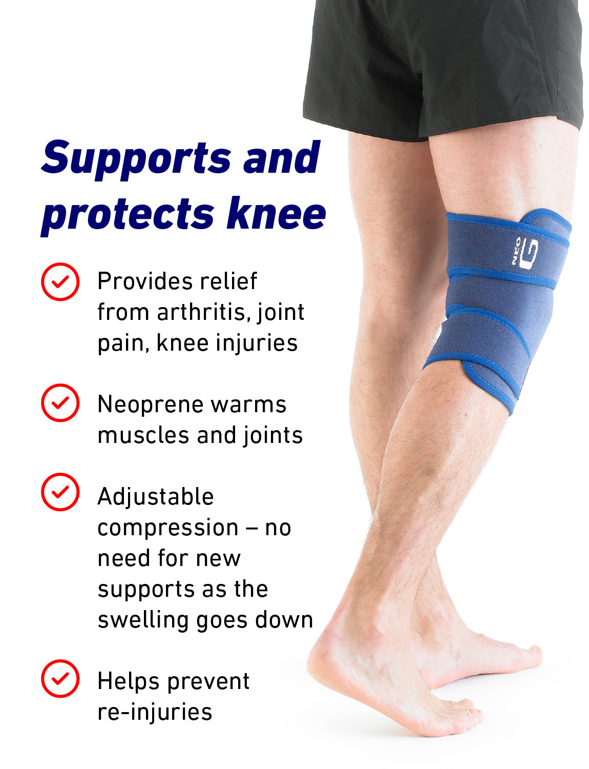Man wearing Neo G Closed Knee Support with list of benefits