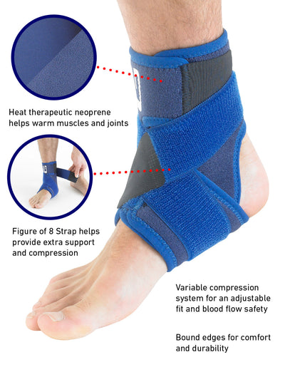 Foot wearing Neo G Ankle Support with Figure of 8 Strap highlighting heat therapeutic neoprene, figure of 8 strap, variable compression, and bound edges