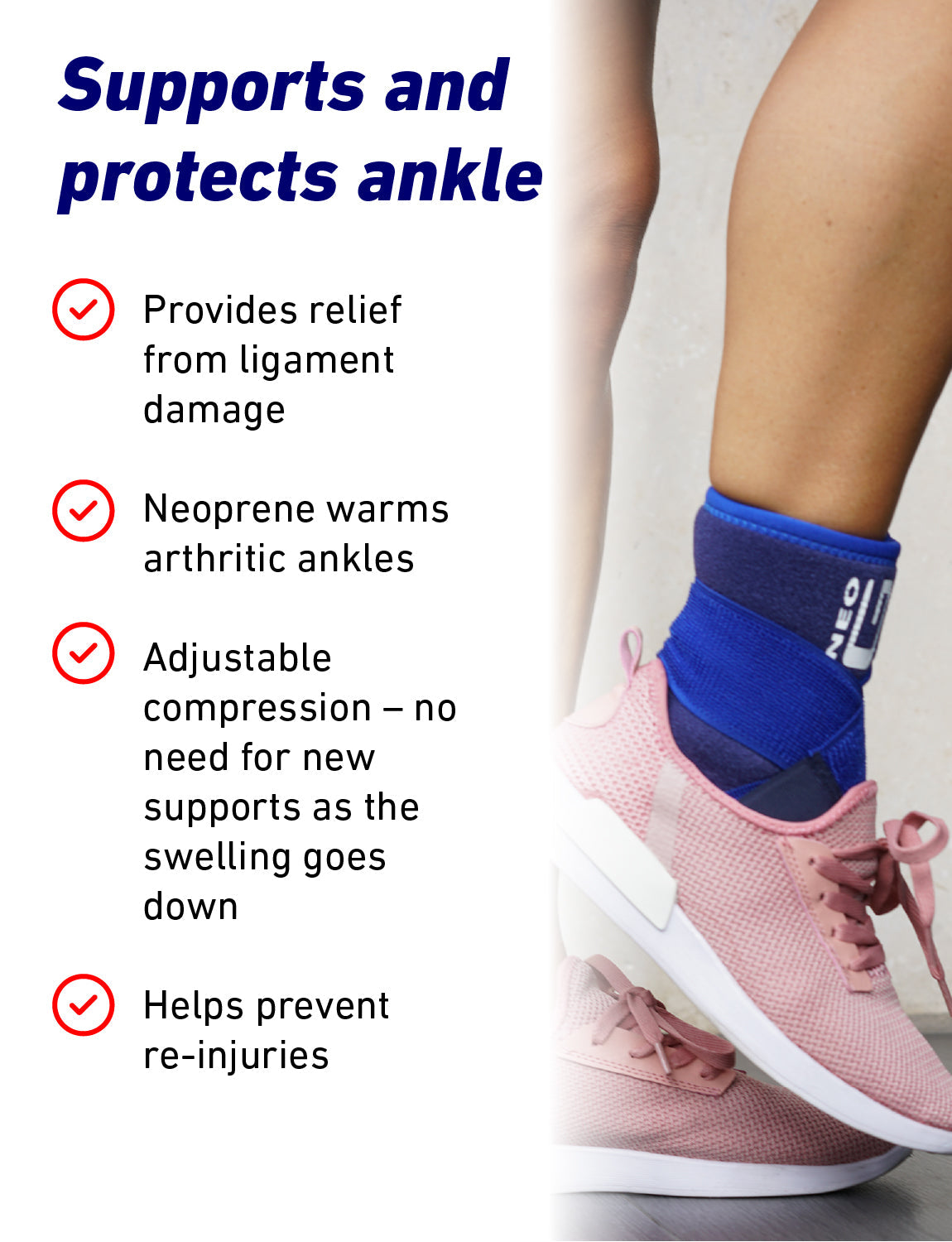 Woman wearing Neo G Ankle Support with Figure of 8 Strap under pink sneakers, and list of benefits