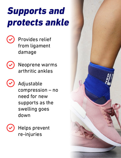 Woman wearing Neo G Ankle Support with Figure of 8 Strap under pink sneakers, and list of benefits