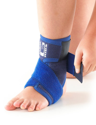 Child wearing Neo G Kids Ankle Support highlighting adjustable Figure of 8 Strap