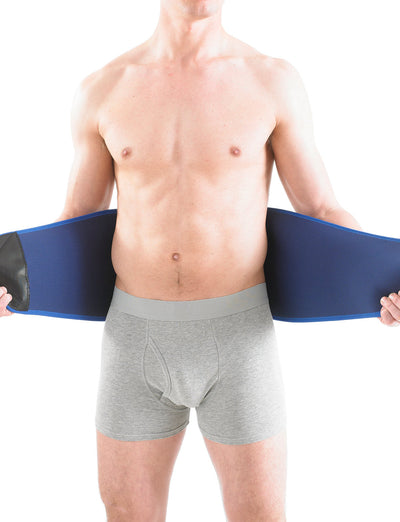 Man putting on Neo G Waist/Back Support facing front showing adjustability