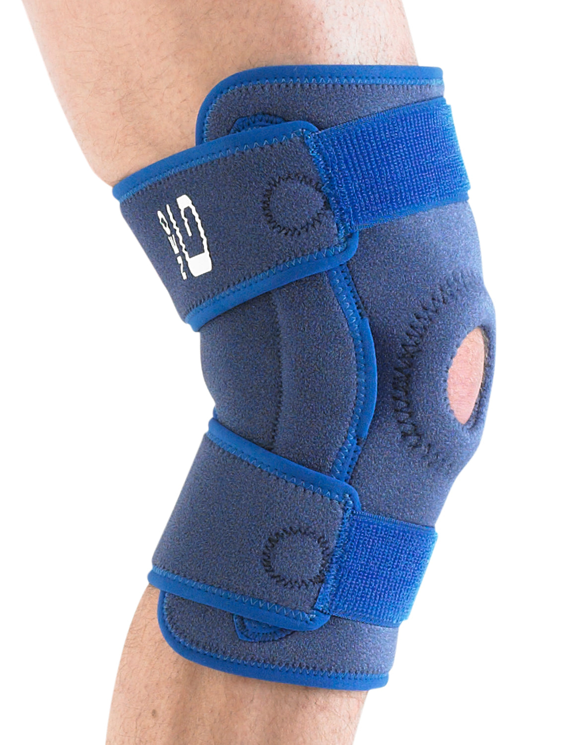 Leg wearing Neo G Hinged Open Knee Support showing open patella design and two point hinge system