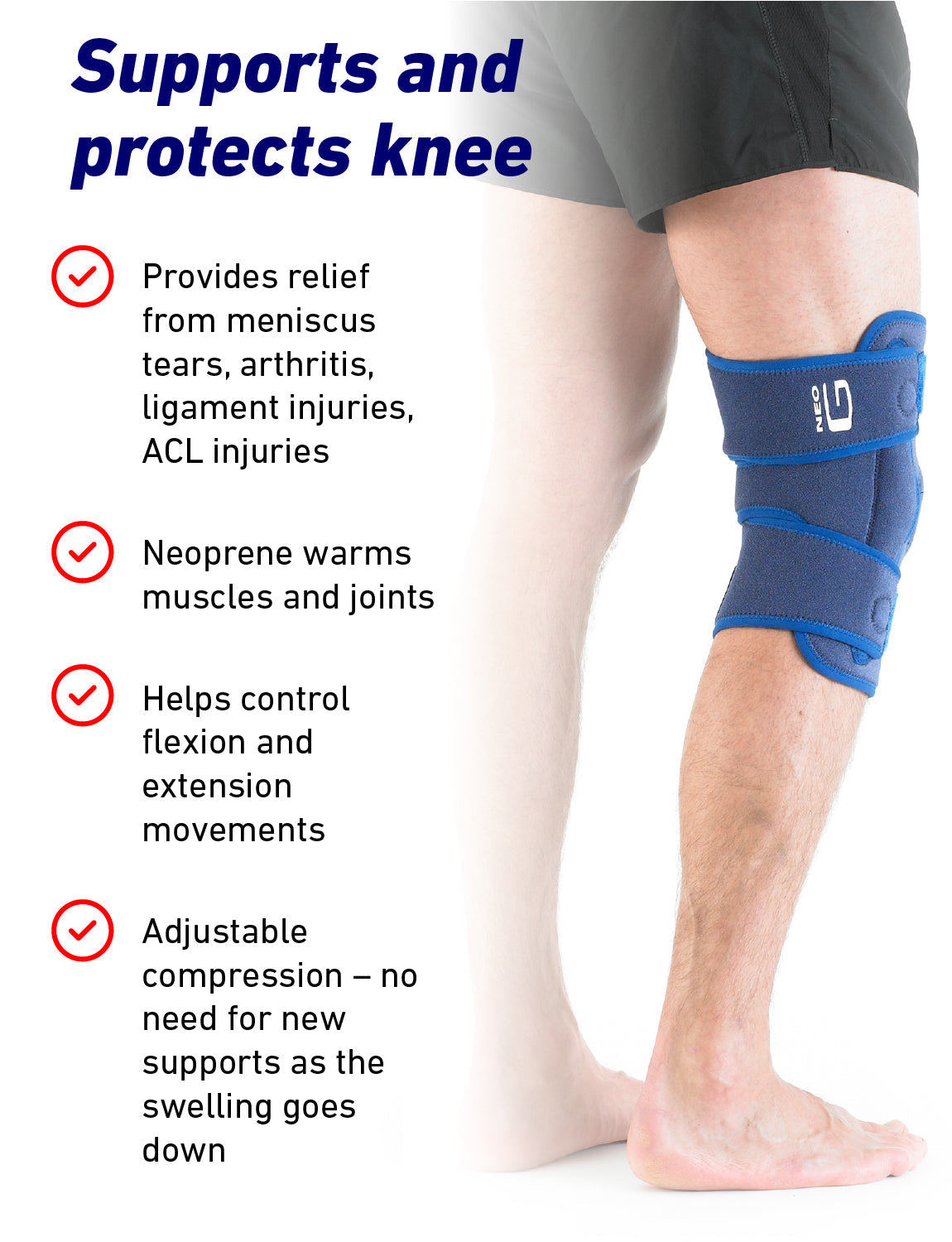 Man wearing Neo G Hinged Open Knee Support and list of benefits