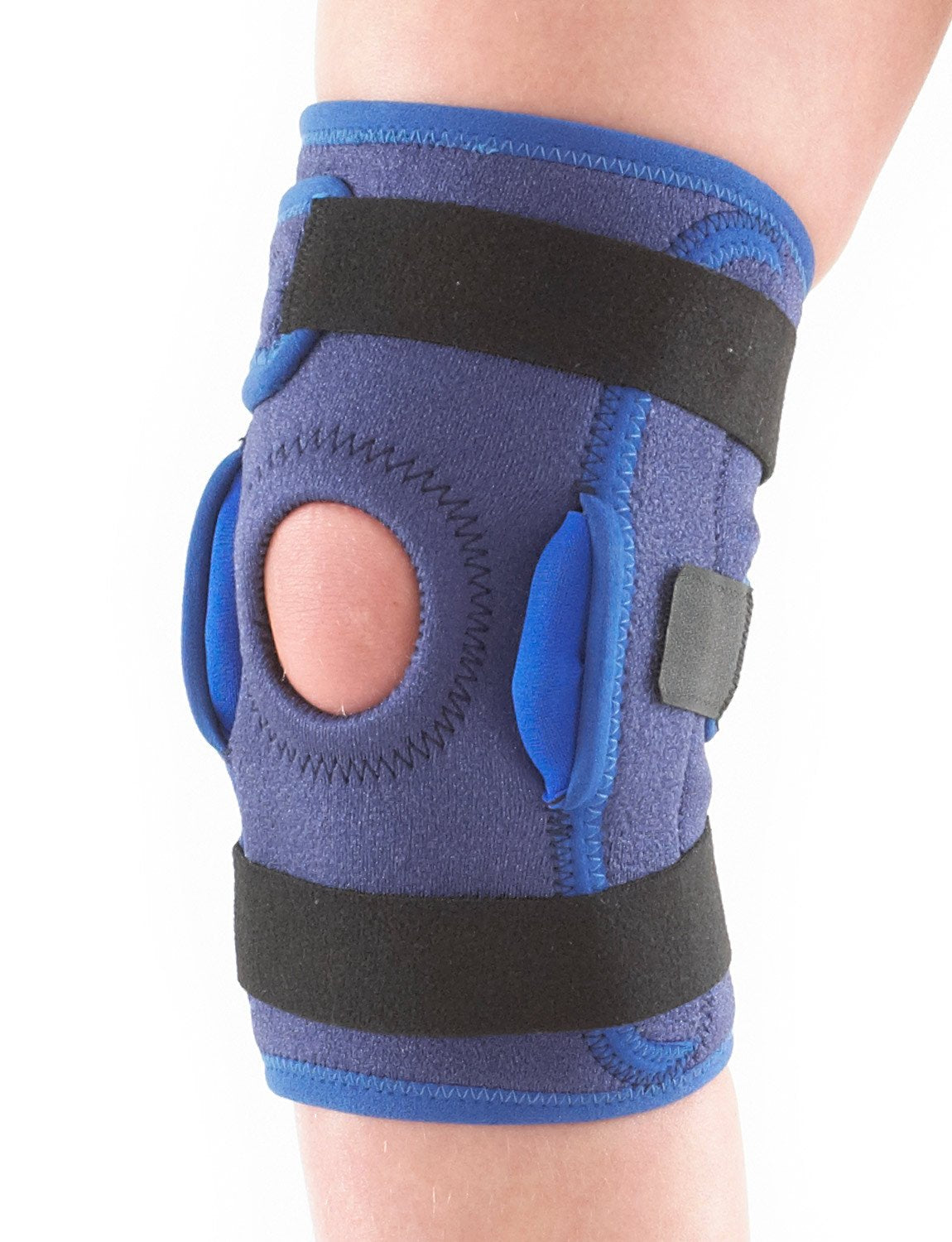 Child wearing Neo G Kids Hinged Knee Support showing stitched buttress and two point geared hinge system on either side