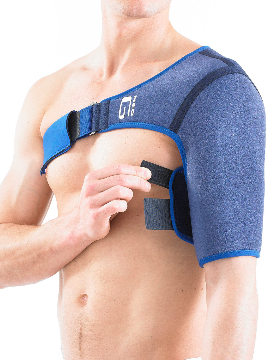 Man wearing Neo G Shoulder Support facing side, showing adjustable arm straps