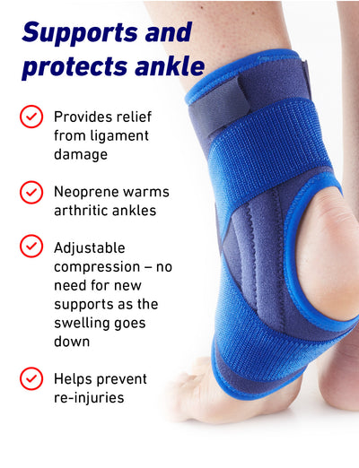 Foot wearing Neo G Stabilized Ankle Support with Figure of 8 Strap facing back, and list of benefits