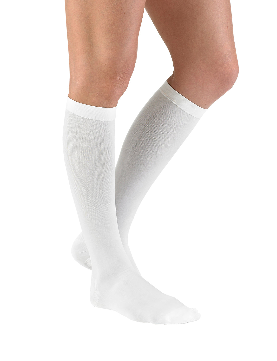 Woman wearing White Neo G Anti-Embolism Knee Highs (Closed Toe) showing comfort top band