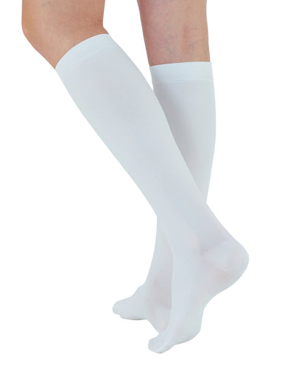 Woman wearing White Neo G Anti-Embolism Knee Highs (Closed Toe) facing back showing graduated compression