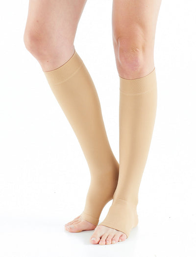 Neo G Therapeutic Knee Highs (Open Toe) in Beige, facing front, showing open toe for sensitive feet and toes