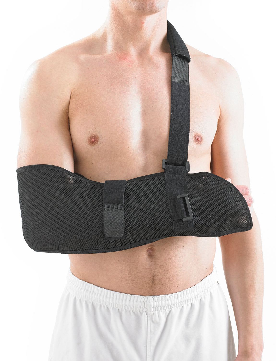 Man wearing Neo G Airflow Breathable Arm Sling, facing front, showing breathable fabric