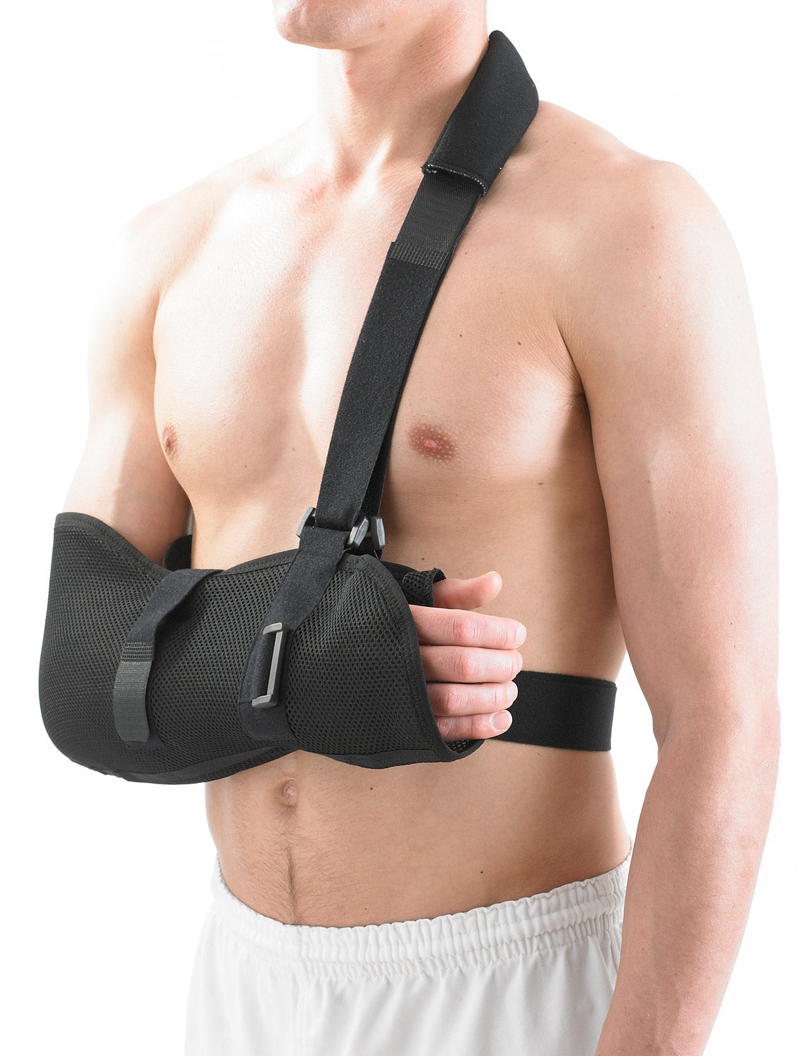 Man wearing Neo G Airflow Breathable Arm Sling, facing side, showing adjustable shoulder strap