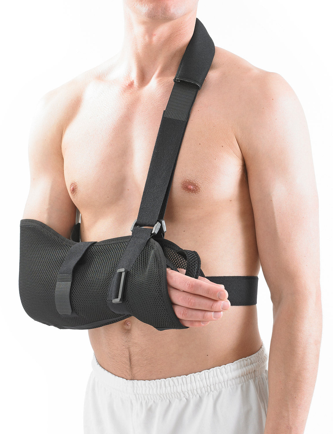 Man wearing Neo G Airflow Breathable Arm Sling, facing side, showing adjustable shoulder strap