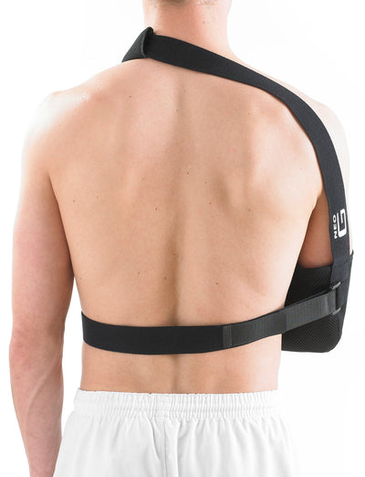 Man wearing Neo G Airflow Breathable Arm Sling, facing back, showing adjustable waist strap